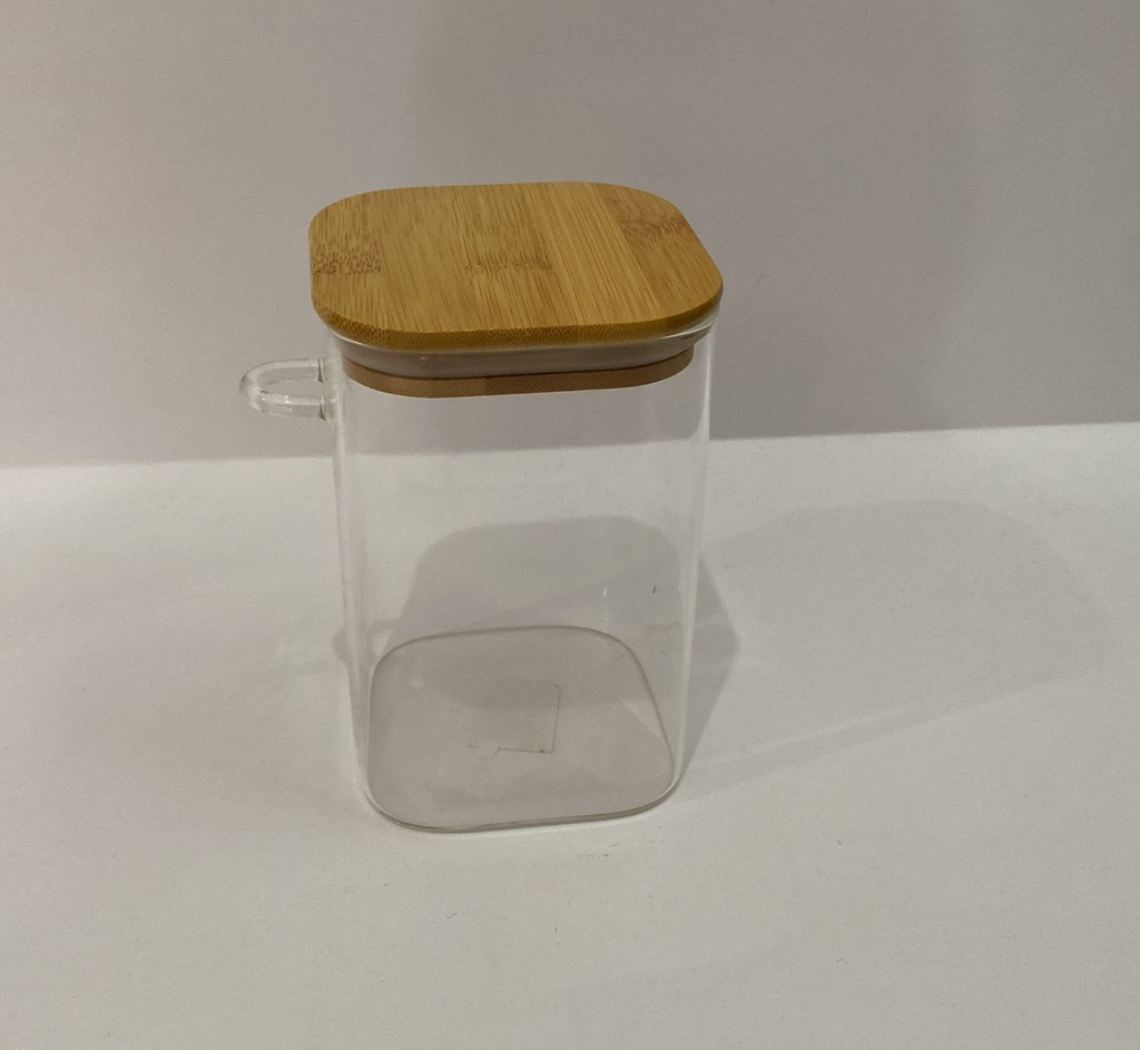 ENVASE  2430-2431 CZ232  XC/ 225 VIDRIO CUADRADO *16 CM TAPA BAMBU CON CUCHARA